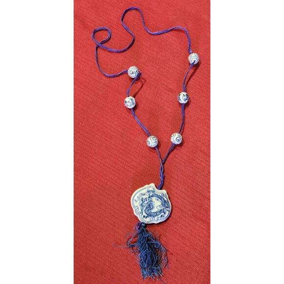 Dragon Pendant Necklace ~ Blue String w/ Blue & White Beads 19” - Picture 2 of 6